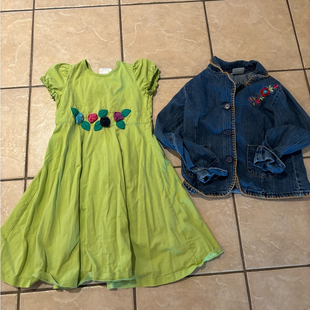 Hanna Andersson Green Dress and‎ Denim Jacket Set